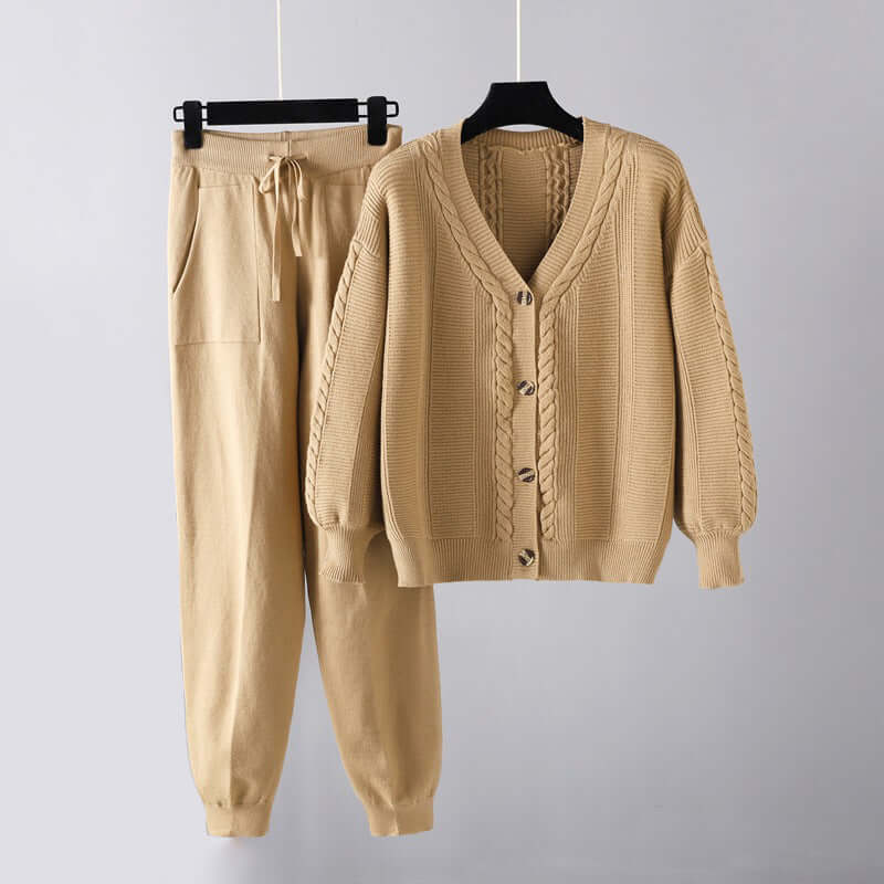 Chic women's two-piece set featuring a V-neck top and comfortable trousers, ideal for elegant casual outfits.