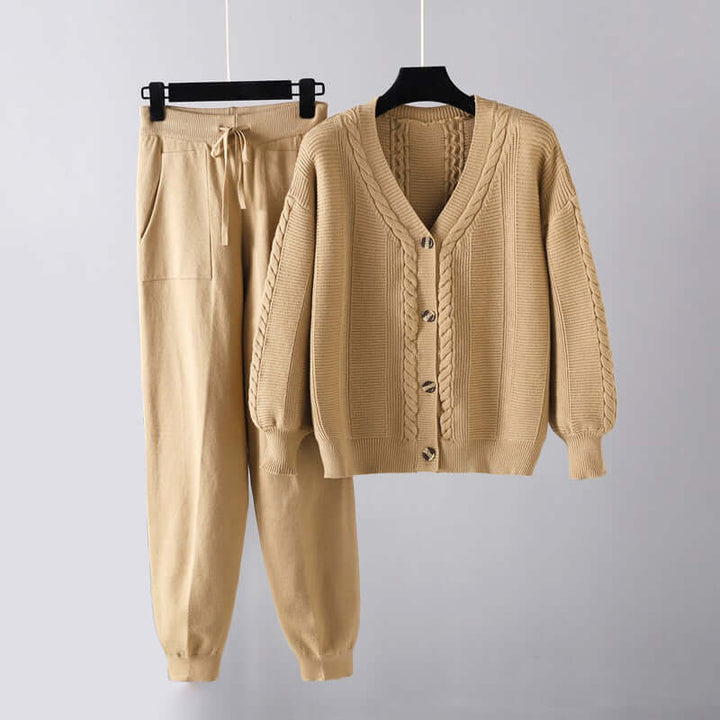 Chic women's two-piece set featuring a V-neck top and comfortable trousers, ideal for elegant casual outfits.