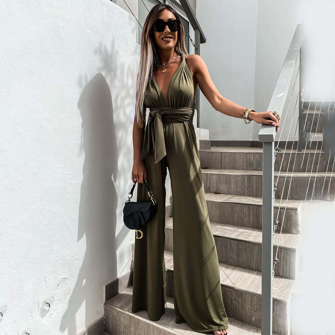 Elegant women's V-neck wide-leg jumpsuit, perfect for formal occasions & evening parties.