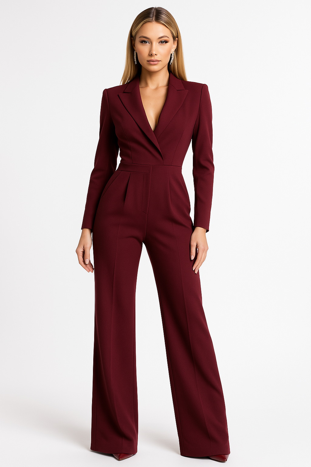 Chic tailored V-neck wide-leg jumpsuit for women, perfect for elegant parties & sophisticated style.