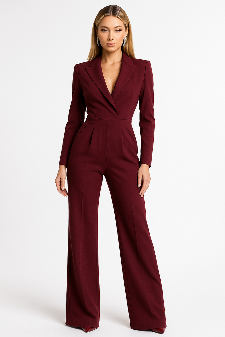 Chic tailored V-neck wide-leg jumpsuit for women, perfect for elegant parties & sophisticated style.