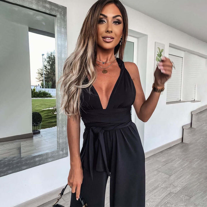 Formal women's V-neck jumpsuit with a comfortable wide-leg design for elegant evening wear.