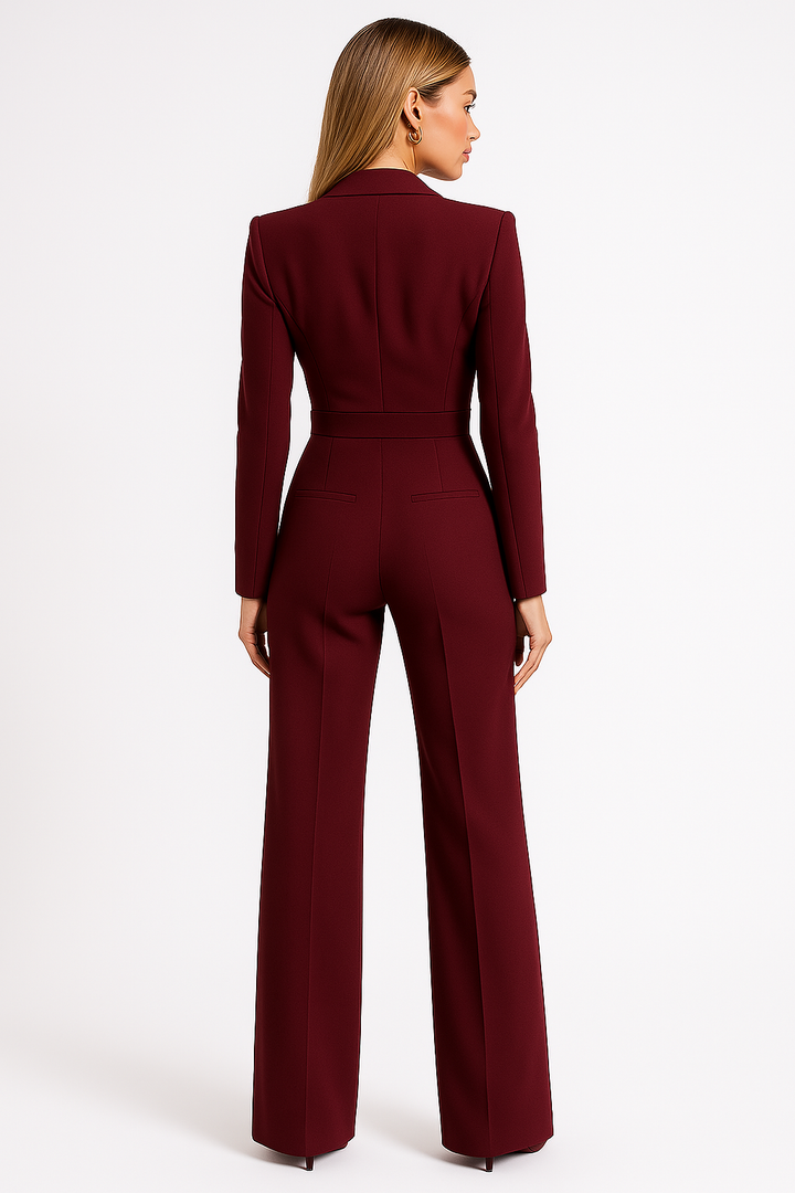 Stylish women's wide-leg jumpsuit with a V-neck, designed for sophisticated formal or evening events.