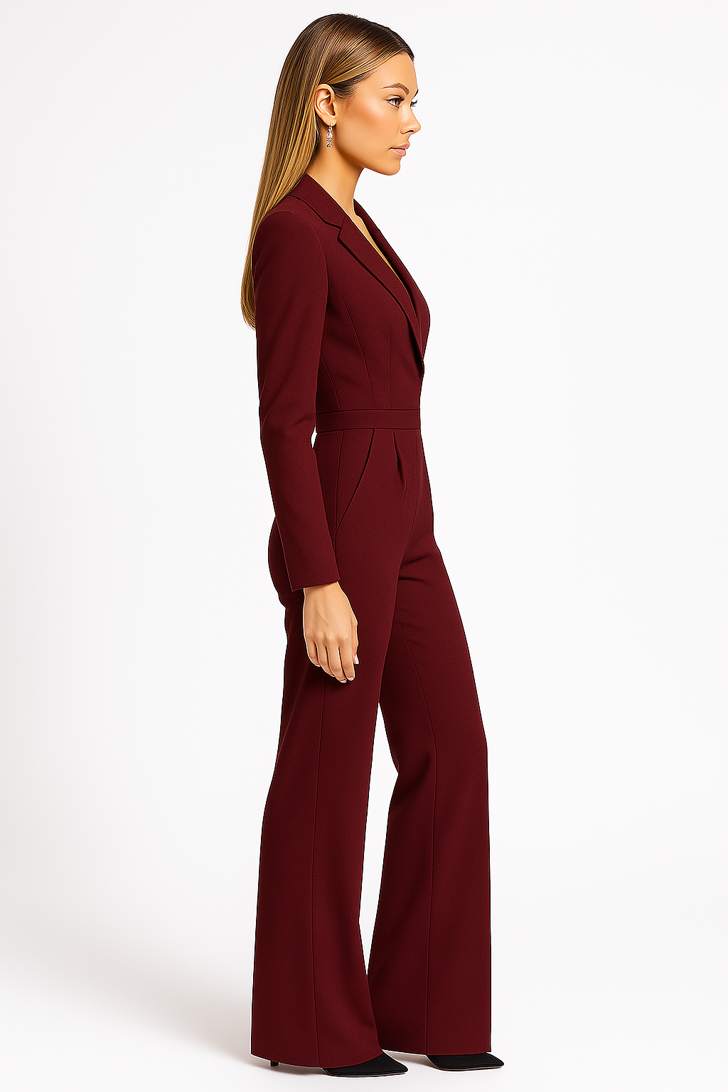 Elegant women's V-neck jumpsuit, a wide-leg formal attire for bridal guests or evening parties.