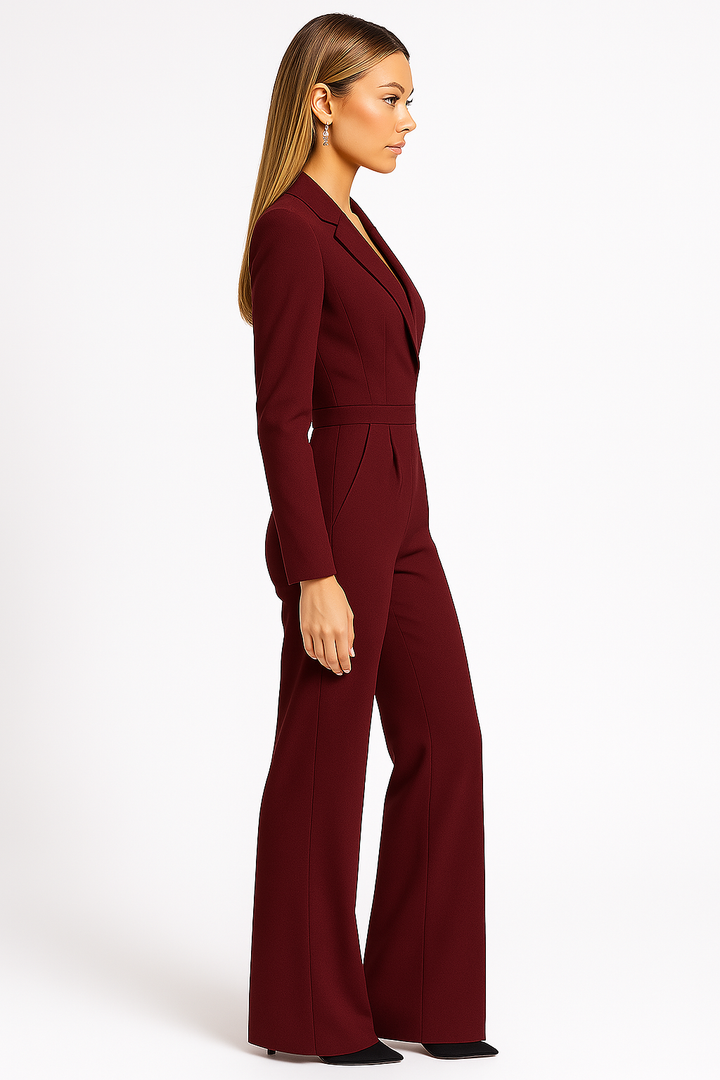 Elegant women's V-neck jumpsuit, a wide-leg formal attire for bridal guests or evening parties.