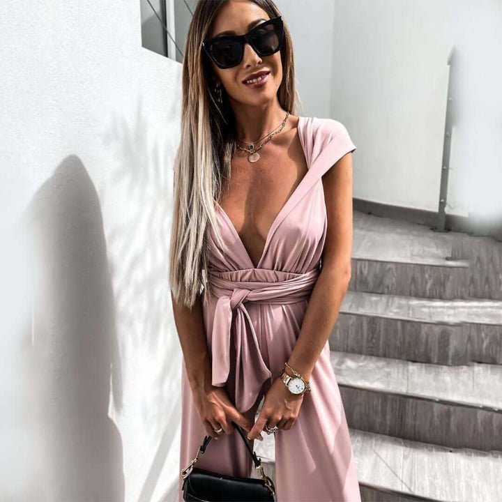 Fashionable women's wide-leg V-neck jumpsuit, designed for elegant formal and evening occasions.