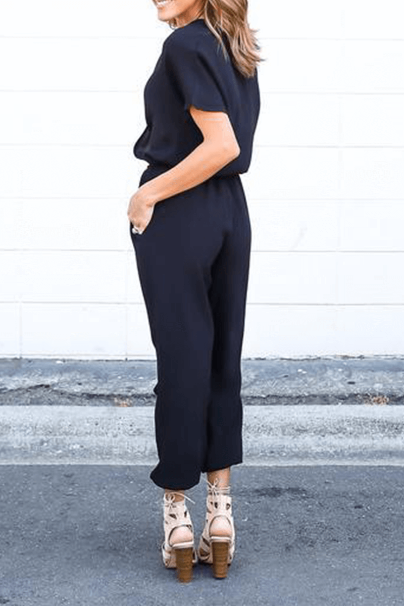 Versatile women's elegant V-neck crossed-strap jumpsuit, a comfortable and stylish wide-leg option for any season.