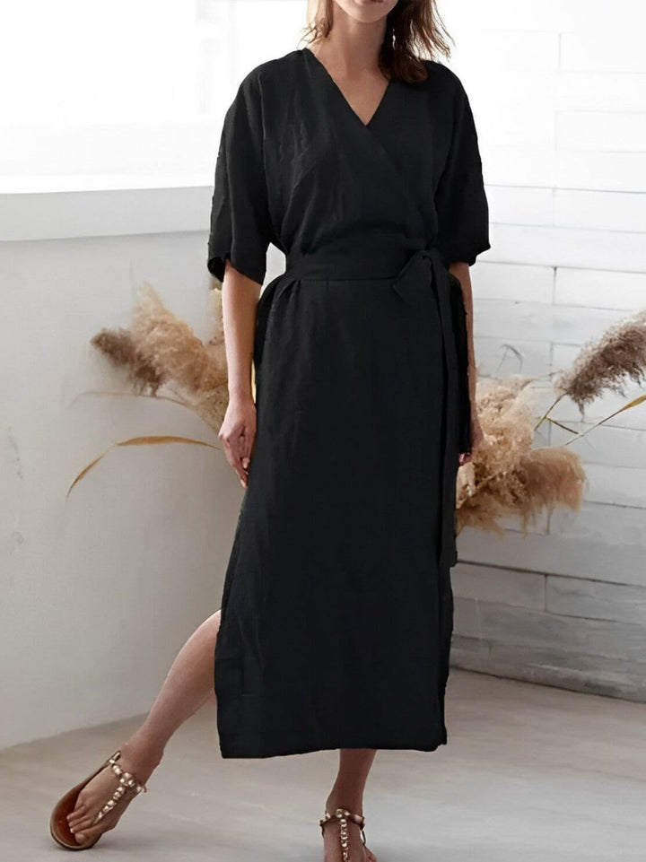 Fashionable V-neck wrap dress for women, a comfortable and elegant midi length with a self-tie adjustable belt.