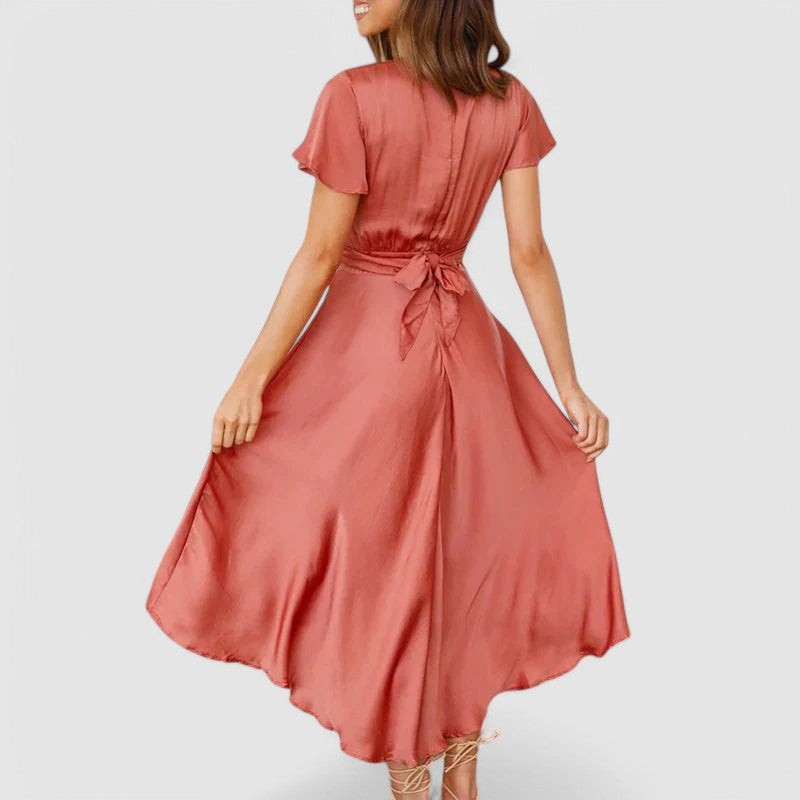 Chic Women's V-Neck Wrap Midi Cocktail Dress with short sleeves, ideal for evening parties & events.