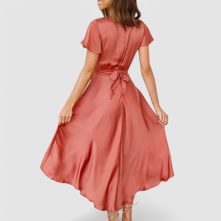 Chic Women's V-Neck Wrap Midi Cocktail Dress with short sleeves, ideal for evening parties & events.