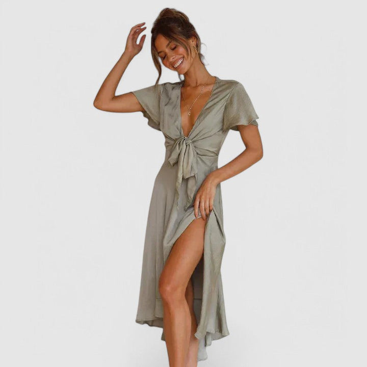 Sophisticated Women's Midi Formal Evening Dress with a flattering V-neck wrap design, elegant for events.