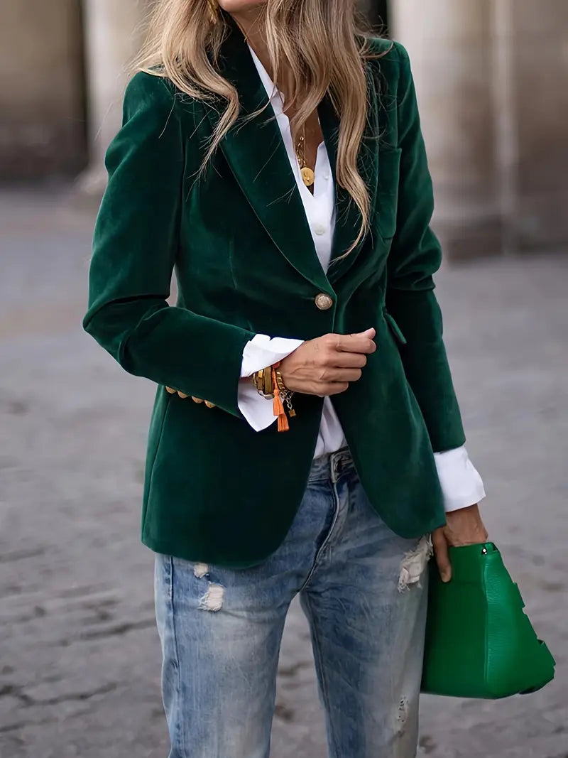 Stylish tailored velvet blazer for women. An elegant jacket bringing sophisticated style to autumn & winter.