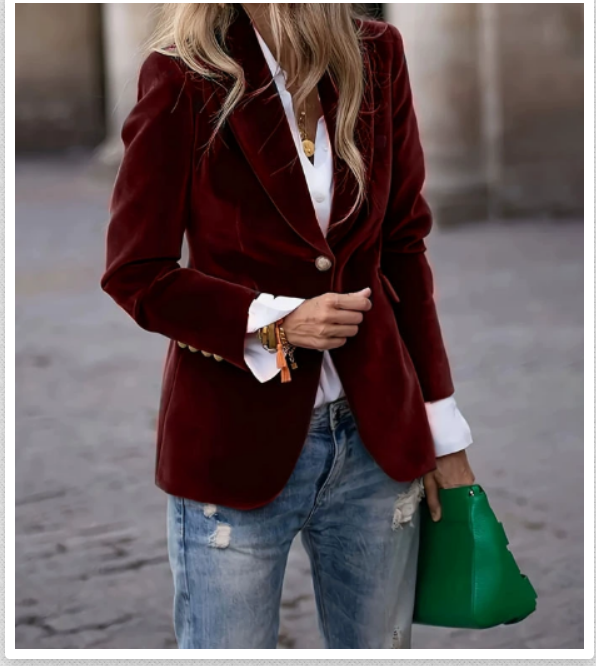 Chic women's velvet blazer, offering sophisticated style and elegance. Versatile tailored jacket for any season.