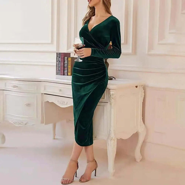 Elegant women's velvet wrap midi dress with ruched details, long sleeves, perfect for evening parties & formal events.