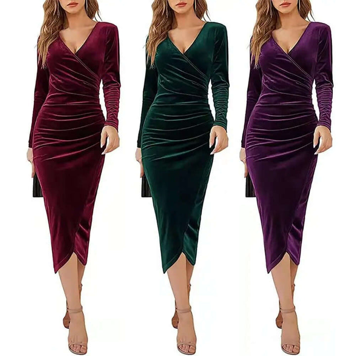 Gorgeous women's velvet midi wrap dress with elegant ruched details and long sleeves. Ideal for evening events.