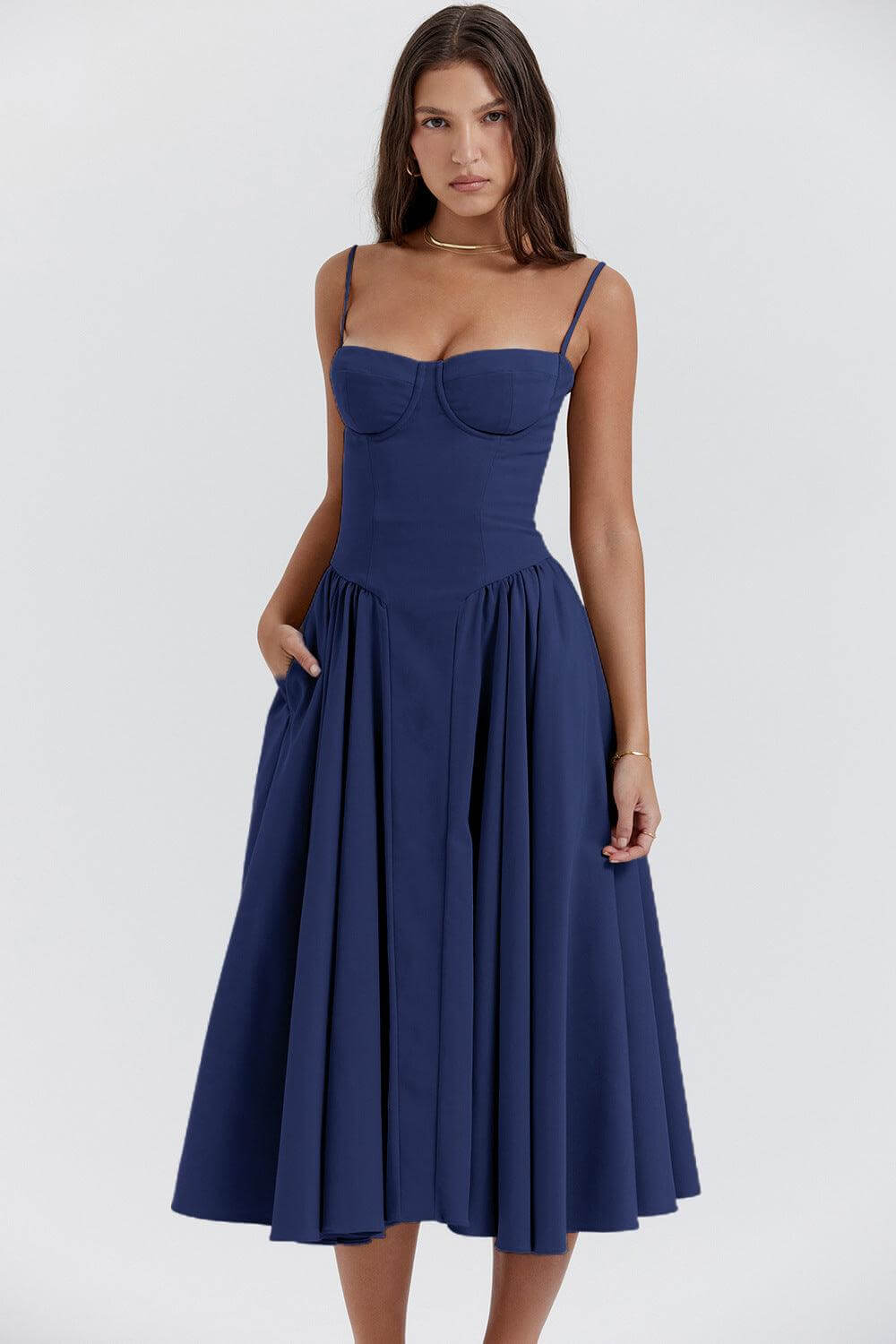 Stylish women's vintage midi dress, retro elegance ideal for summer fashion & events.