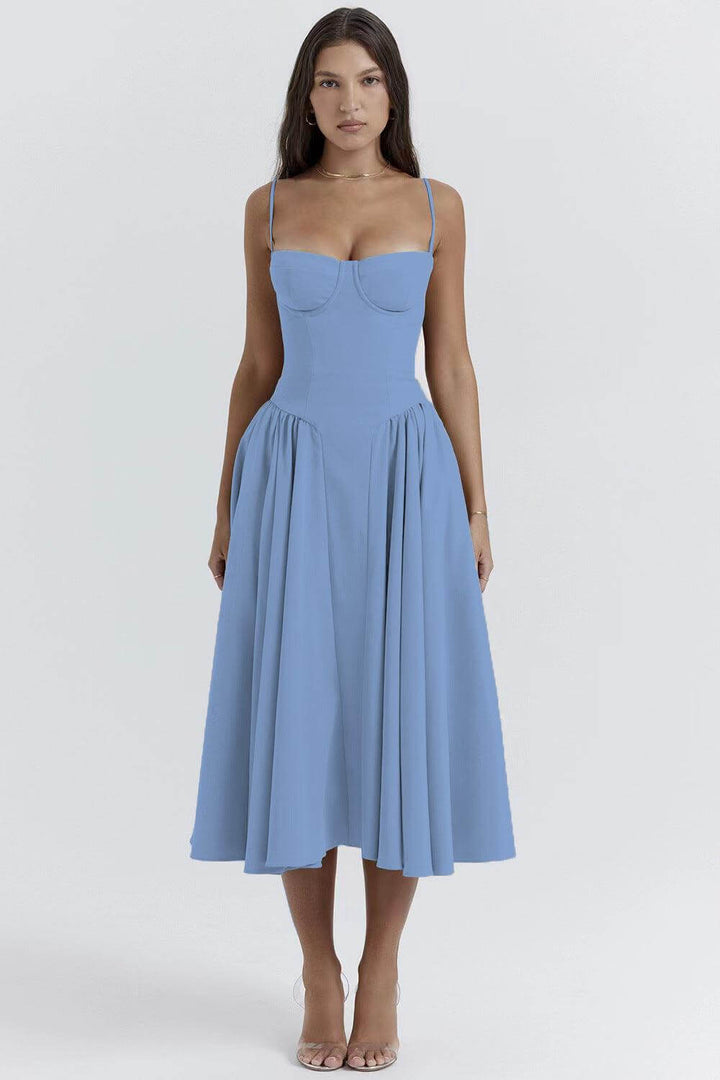 Chic women's vintage midi dress, a versatile retro piece for summer and elegant parties.