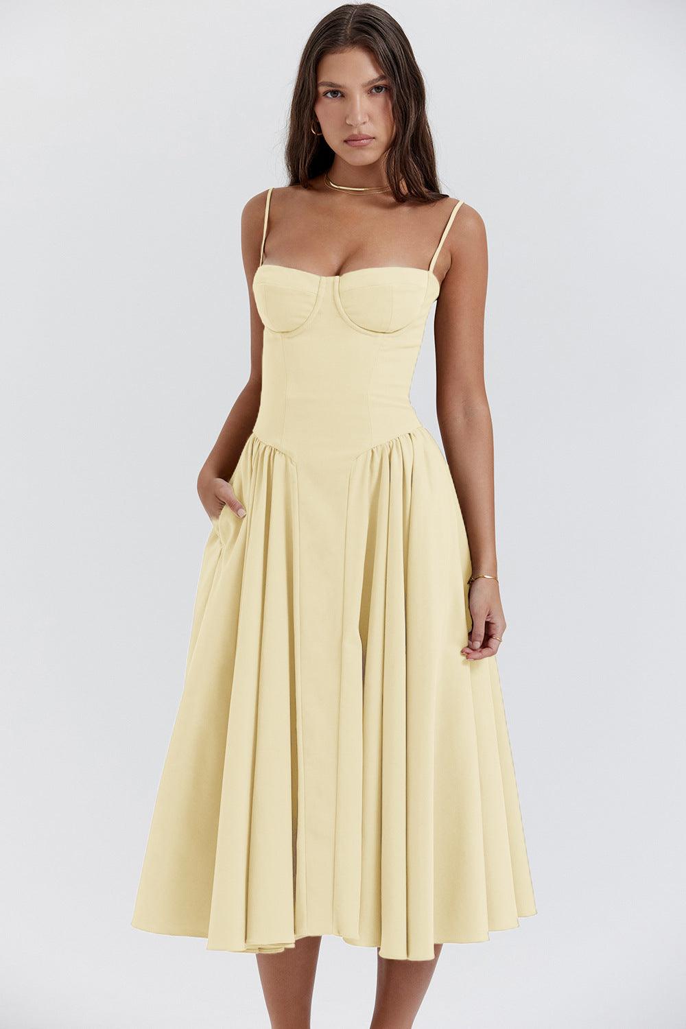 Fashionable women's vintage midi dress, retro design for comfortable summer & party wear.