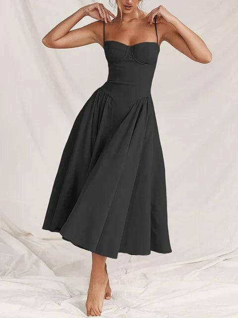 Women's elegant vintage midi dress, timeless retro style for summer versatility.
