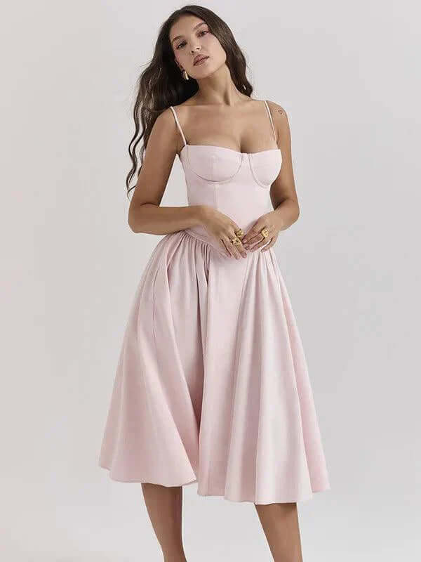 Classic women's vintage midi dress, comfortable retro fashion for summer parties.