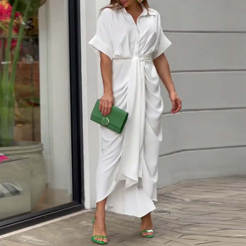 Women's elegant vintage ruffle midi summer dress, a comfortable and stylish choice for warm days.
