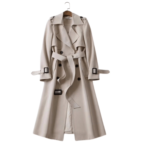 Timeless black women's trench coat, a classic vintage jacket with elegant double-breasted design.