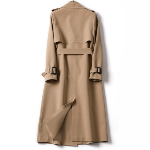 Classic women's long trench coat, a versatile vintage jacket for sophisticated fall and winter style.