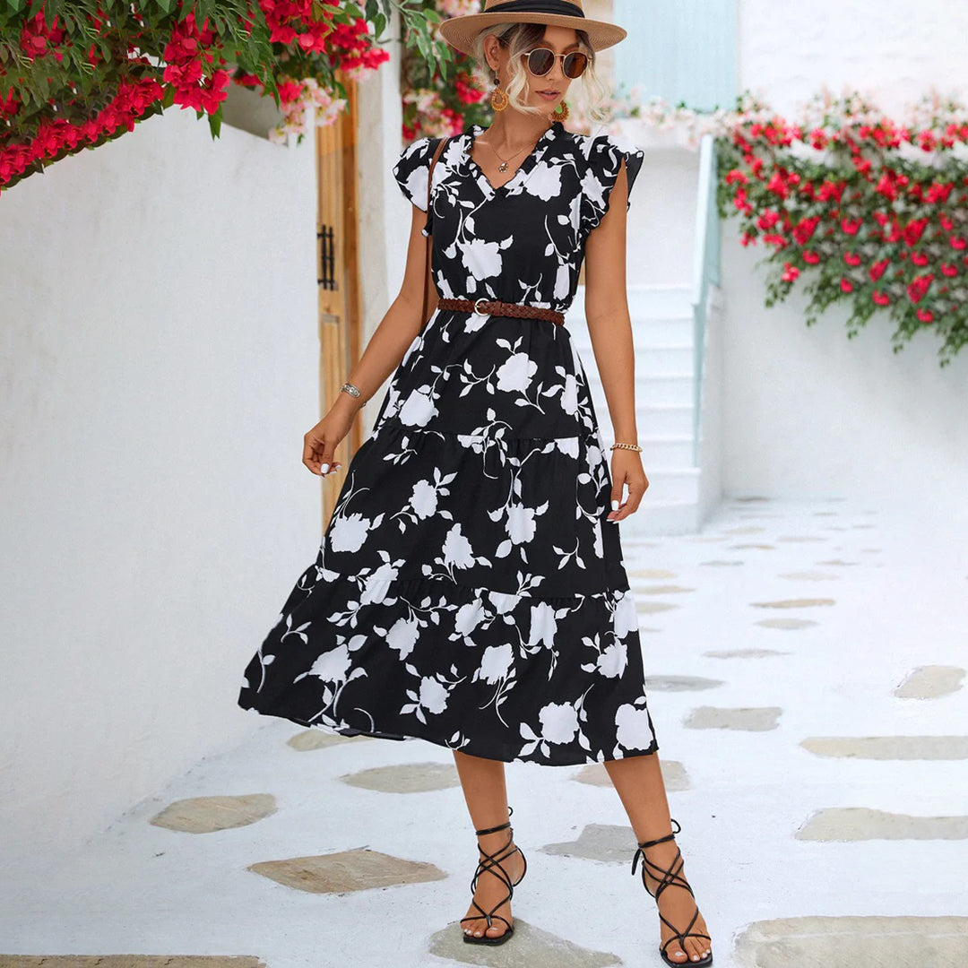 Beige women's vintage V-neck midi dress. Elegant summer fashion, comfortable and versatile for casual or party.