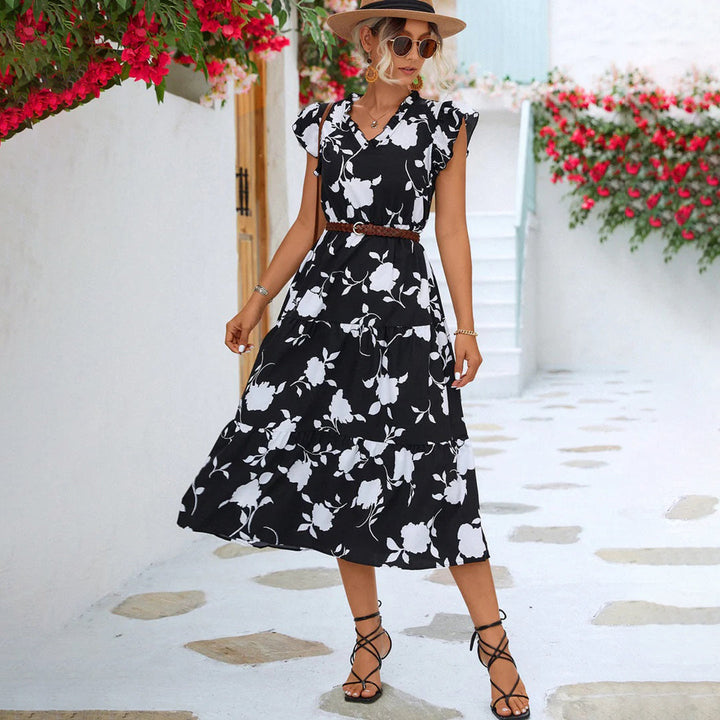 Beige women's vintage V-neck midi dress. Elegant summer fashion, comfortable and versatile for casual or party.