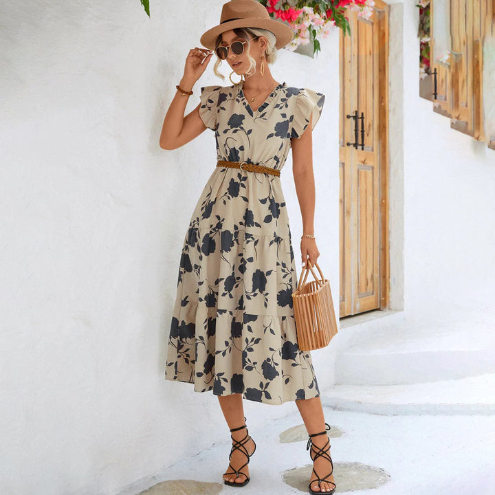 Versatile women's vintage V-neck midi dress. Elegant summer style, comfortable beige floral print for parties.