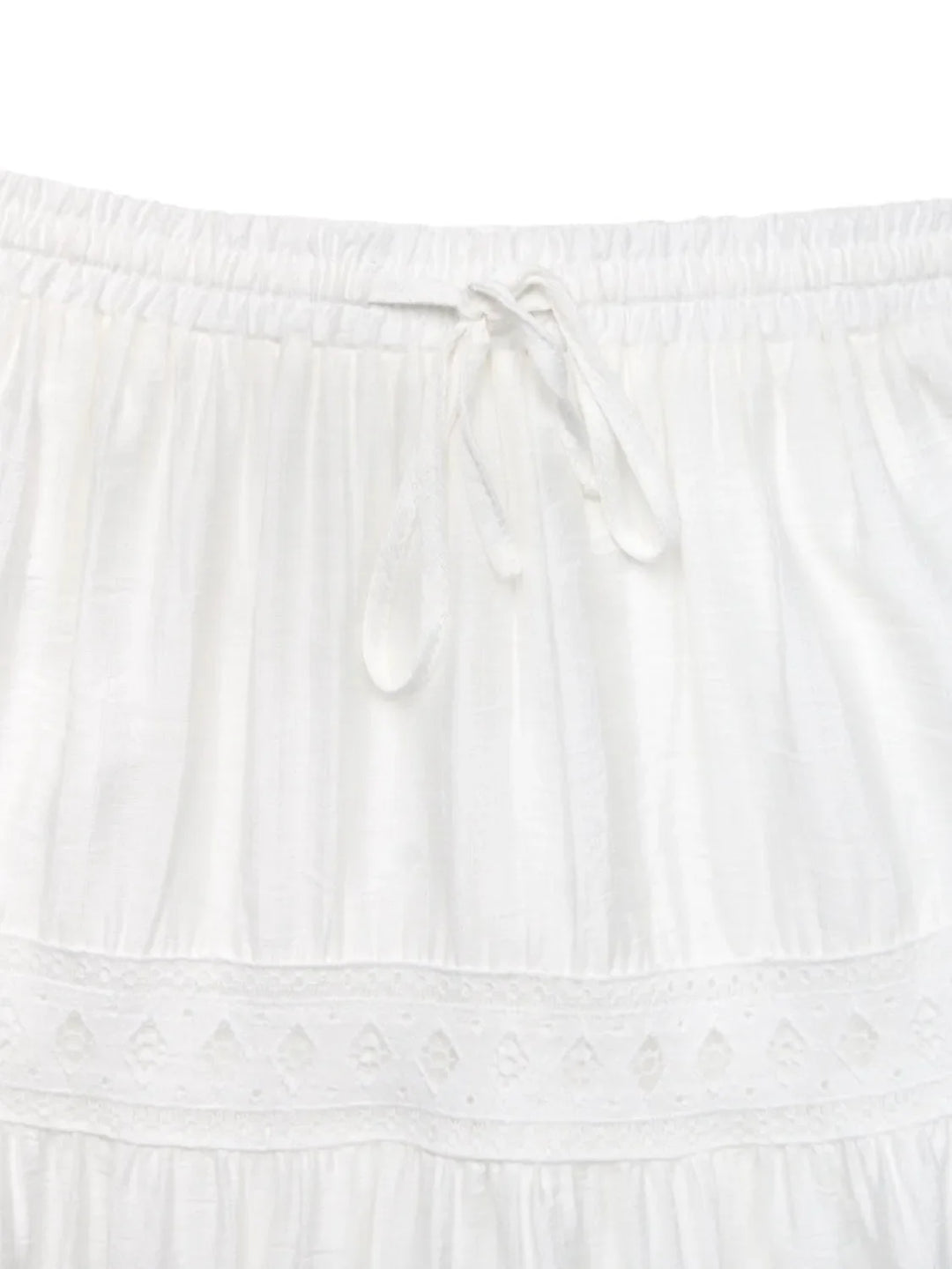 Chic women's white lace maxi skirt, elegant, flowy & long. Ideal for summer, bohemian, vacation, or casual style.