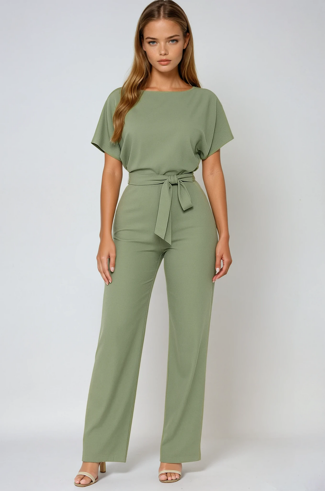 Elegant women's wide-leg belted jumpsuit, versatile for spring/summer casual or office fashion.