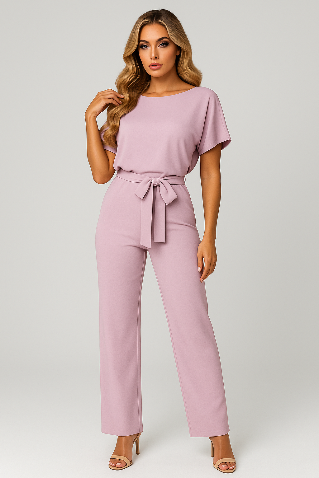 Elegant women's belted wide-leg jumpsuit, versatile for chic spring/summer fashion, office or casual.