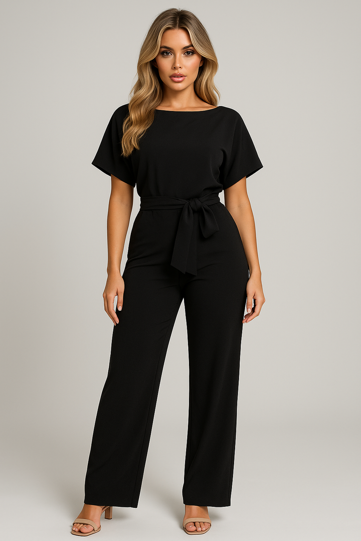 Modern women's one-piece wide-leg jumpsuit, belted for comfortable & chic spring/summer fashion.