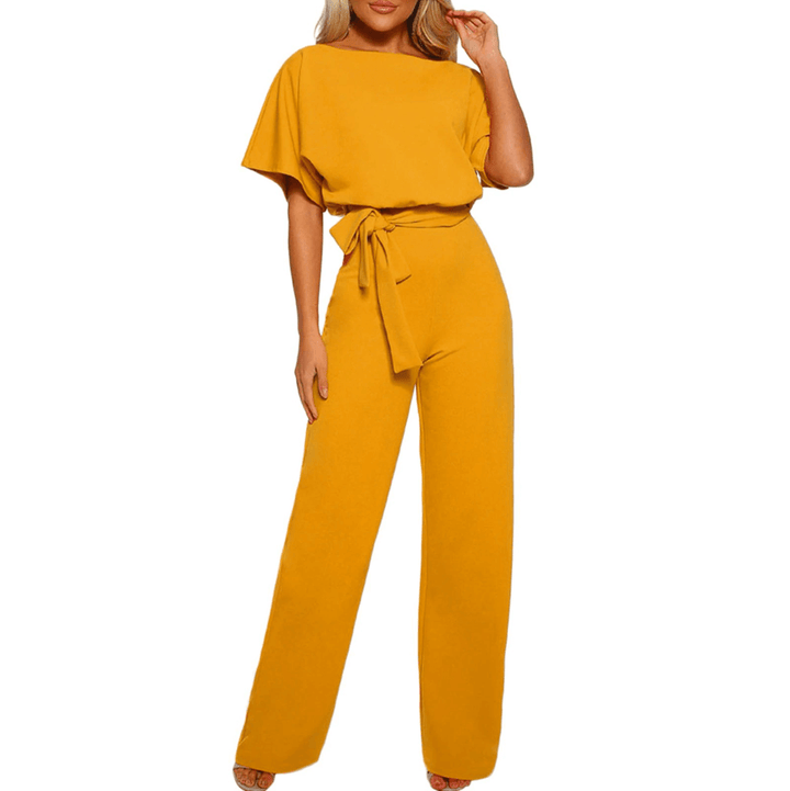 Chic short sleeve wide leg jumpsuit for women, featuring a flattering belted waist for any event.