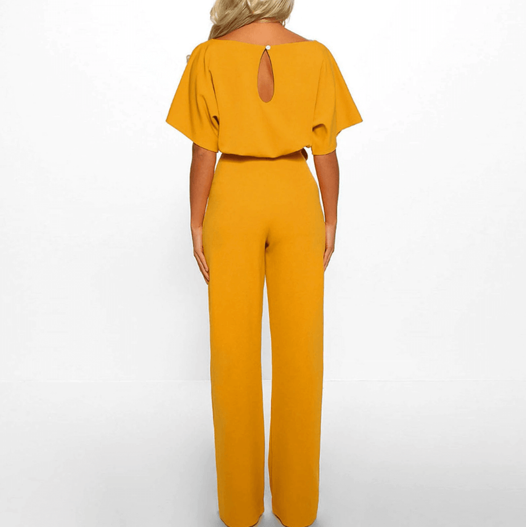 Comfortable women's wide leg jumpsuit with belt, boat neck & short sleeves, great for all-day wear.