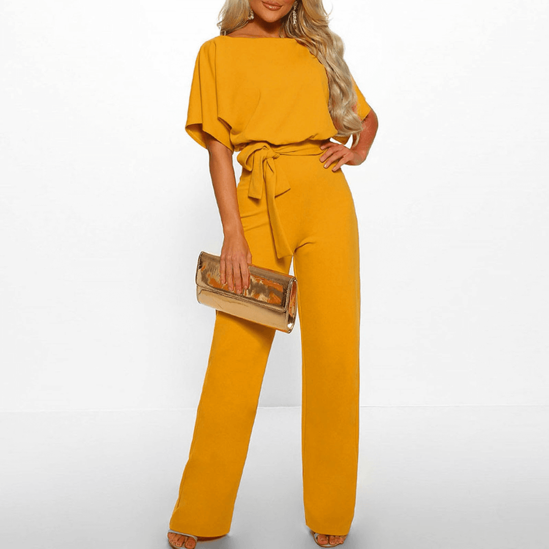 Sophisticated women's belted wide leg jumpsuit, a perfect elegant casual or evening wear option.