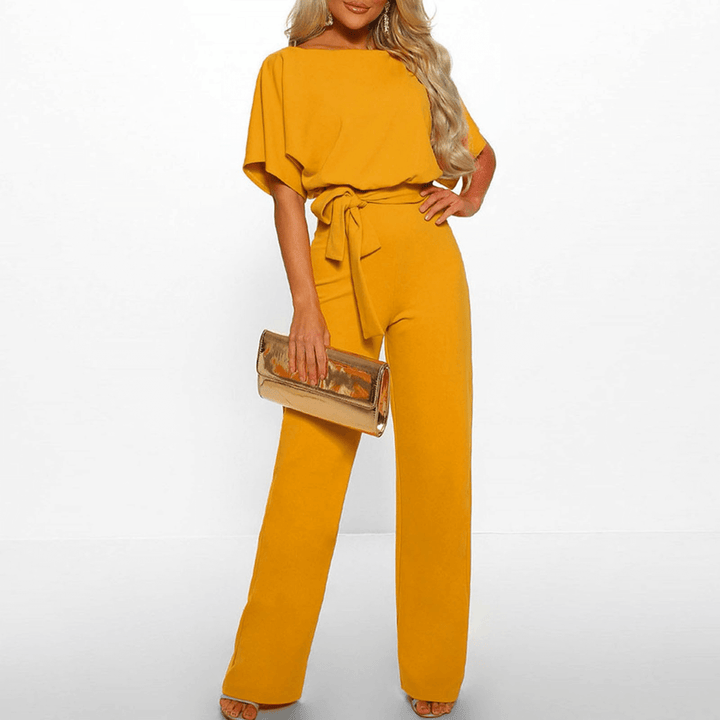 Sophisticated women's belted wide leg jumpsuit, a perfect elegant casual or evening wear option.