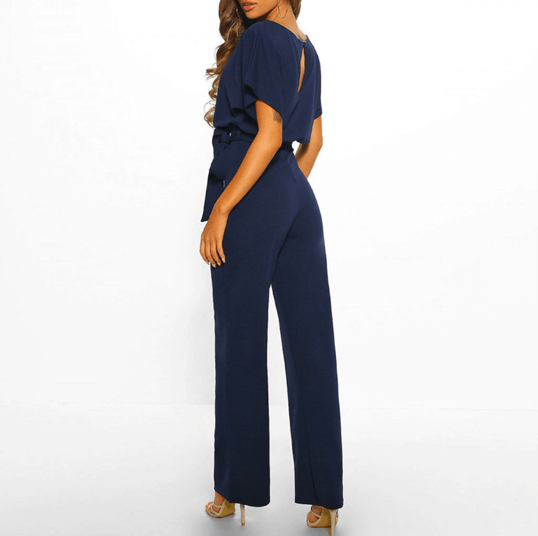 Fashionable women's one-piece wide leg jumpsuit with a stylish belt, suitable for various occasions.