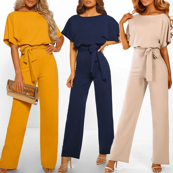 Elegant women's short sleeve wide leg jumpsuit, belted for a flattering silhouette, perfect for events.