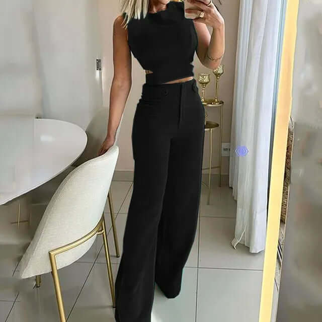 Stylish women's two-piece set featuring a comfy round neck top and chic wide leg trousers for versatile fashion.