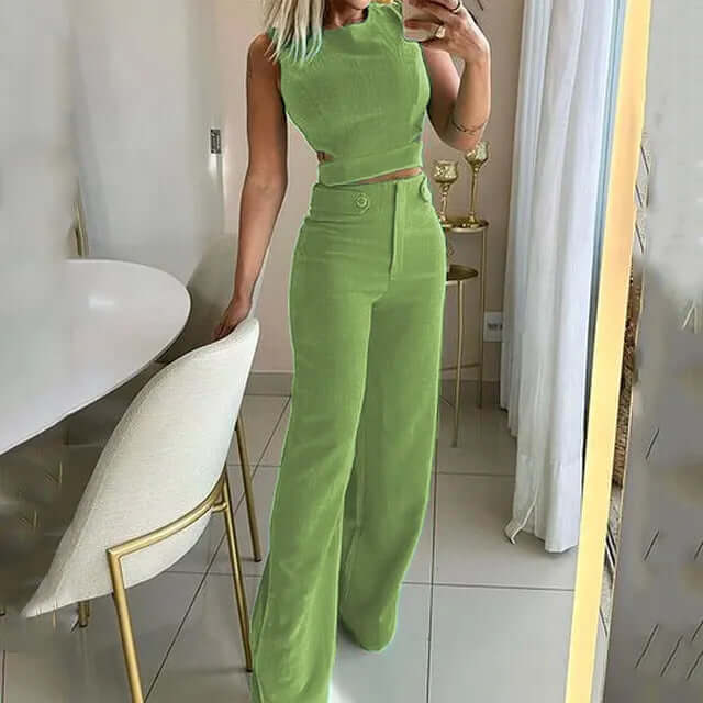 Comfortable women's matching set: relaxed fit round neck top with elegant wide leg trousers for a chic look.