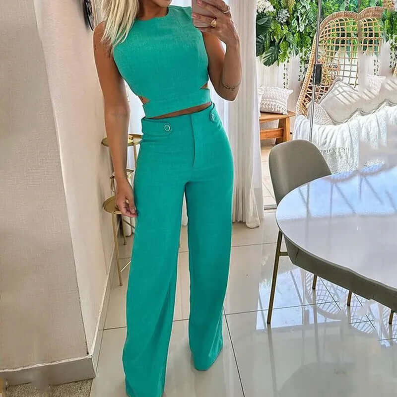Versatile women's elegant wide leg trouser and round neck top set, ideal for summer fashion & casual outings.