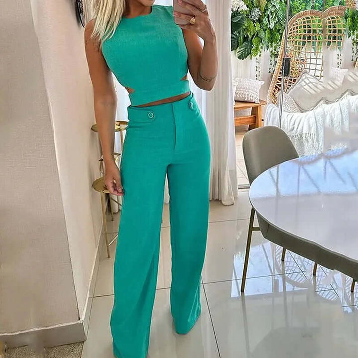 Versatile women's elegant wide leg trouser and round neck top set, ideal for summer fashion & casual outings.