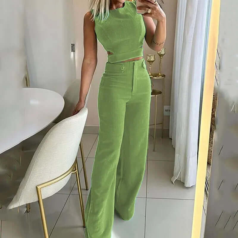 Modern women's comfortable two-piece set: a soft round neck top and stylish wide leg trousers for everyday elegance.