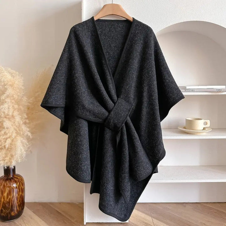 Women's elegant windproof microfiber poncho, a stylish and cozy shawl coat for fall & winter.
