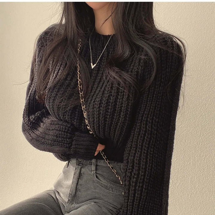 Chic women's long sleeve crewneck sweater. Warm and elegant for winter fashion.
