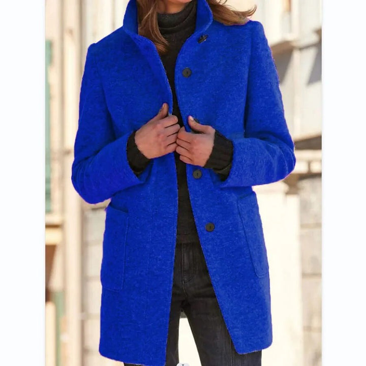 Warm women's classic winter overcoat, button-front, elegant style, ideal for stylish cold weather outerwear.