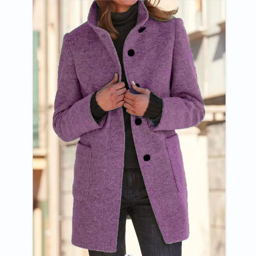 Classic women's elegant winter overcoat, tailored fit, button closure, standing collar, perfect for sophisticated cold-weather fashion.