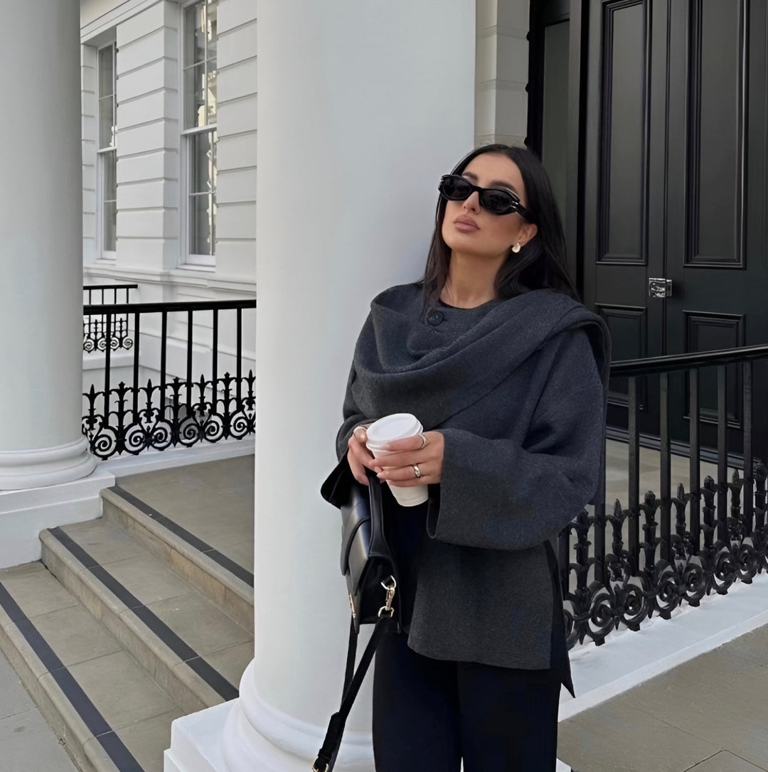 Stylish women's winter poncho, a cozy oversized wrap for elegant fall fashion & comfortable layering.